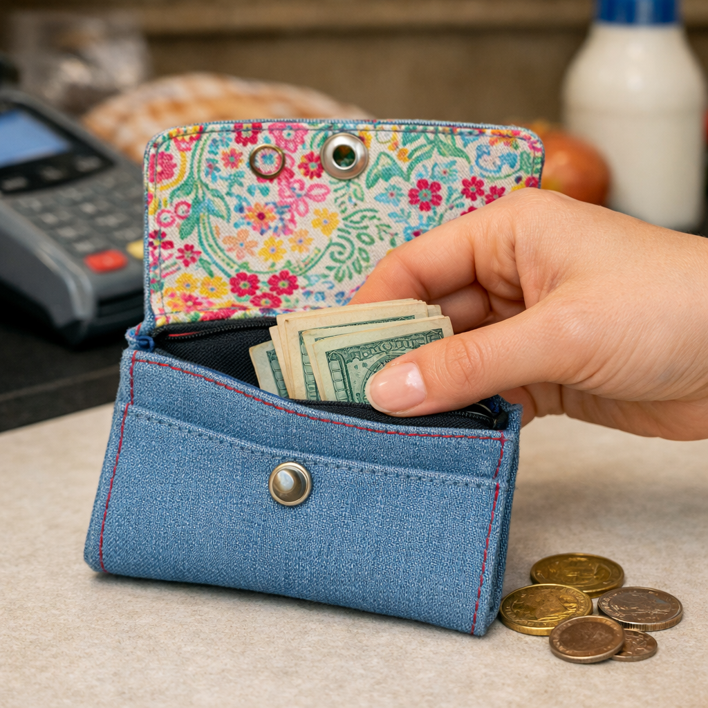 Petit porte-monnaie en denim recyclé - Style au choix