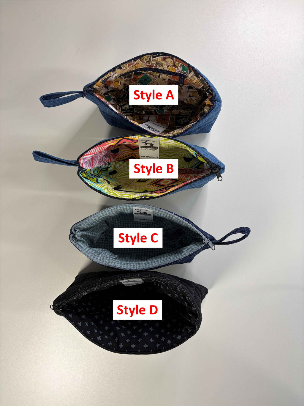 Trousse multi-usage matelassée en denim recyclé - Style au choix